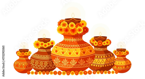 Illustration of five decorated earthen pots or diyas, adorned with flowers and lit candles, arranged in a row on a white background.
