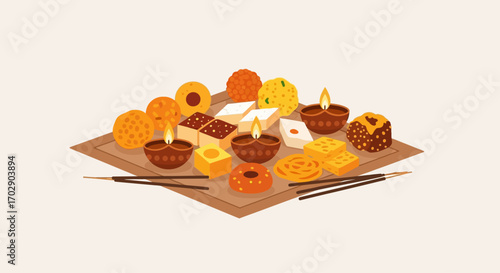 Colorful Indian sweets and diyas (lamps) arranged on a textured surface, likely for a festival.