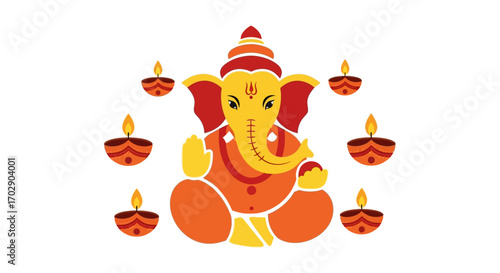 Ganesha, Hindu deity, seated, surrounded by diyas, festive, religious art.