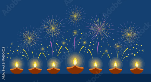 A festive illustration of glowing Diya oil lamps in a row with colorful fireworks celebrating the Hindu festival of Diwali.