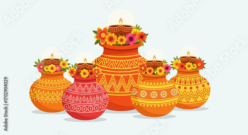 Festive illustration of traditional Indian kalash pots decorated with patterns, flowers, and lit diya lamps.