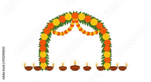 A traditional Indian festival decoration featuring a marigold flower arch and a row of illuminated clay diya oil lamps.