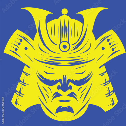Illustration of a fierce yellow samurai helmet and mask design on a solid blue background with sharp details