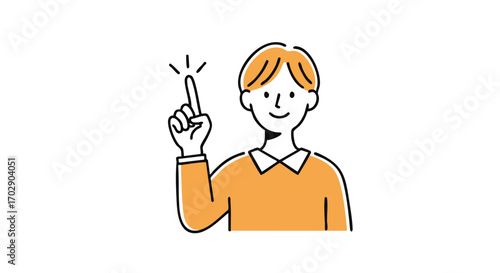 Smiling person with raised index finger, conveying an idea or important point with a bright, friendly expression.