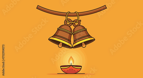 An illustration of two traditional bronze bells hanging over a glowing Diya oil lamp for a festival.