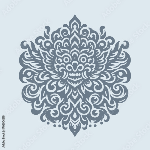 Intricate symmetrical tribal baraong bali mask design with ornate swirling patterns in monochrome style on light background