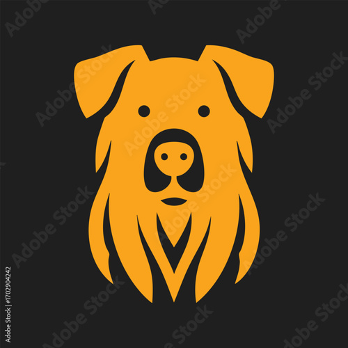 Stylized orange dog head icon with simple facial features on a dark gray background in vector design