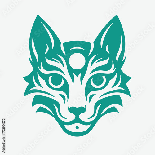 Stylized symmetrical tribal cat face illustration with bold lines and a circular symbol on the forehead in teal color
