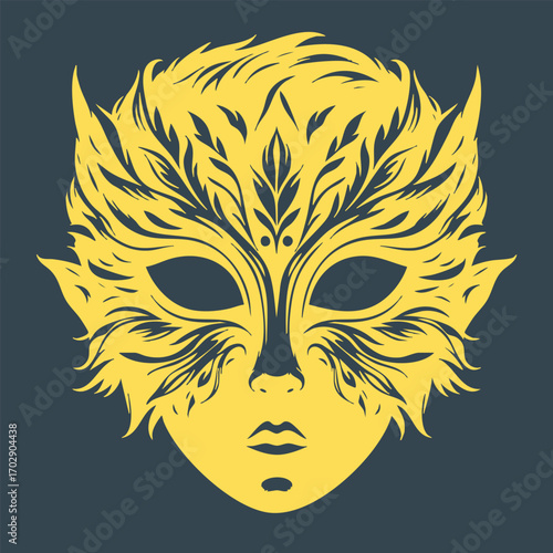 Intricate yellow ornamental mask design with symmetrical feather-like patterns on a dark background