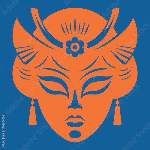 Stylized orange tribal mask with floral and geometric patterns on a solid blue background artwork