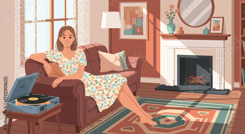 A woman relaxing at home with a vinyl record player in a cozy and warm atmosphere