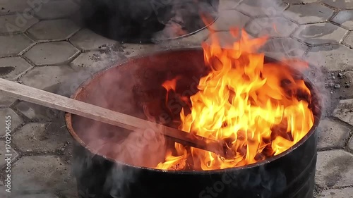 Burning fire in metal barrel with bright flames and glowing heat in outdoor dark background