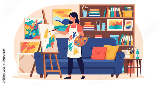 Creative woman painting at home in her cozy and inspiring art studio environment