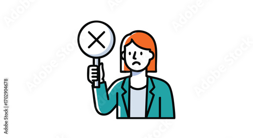 Disappointed woman holding cross sign signaling denial or rejection in a business context