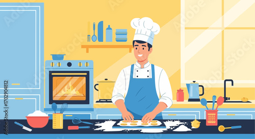 Male chef baking cookies in a colorful kitchen with various utensils and appliances