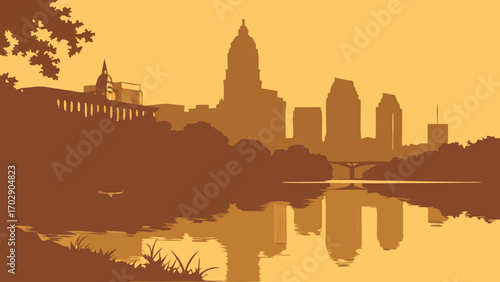 Austin skyline vector art showcasing iconic texas skyline panorama, suitable for travel brochures, city maps, and texasthemed designs, enriching visual content.