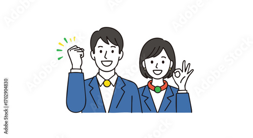 Confident business colleagues celebrating success with a triumphant fist pump and OK gesture