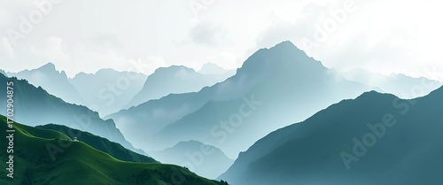 Misty green and gray mountain ranges, soft watercolor texture, abstract landscape,  calm,  canvas