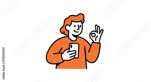 Smiling person holding phone and showing perfect gesture, conveying success and satisfaction