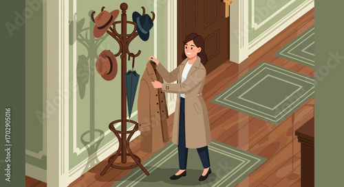 Illustration of a woman putting on a coat in the hallway near a coat rack with hats