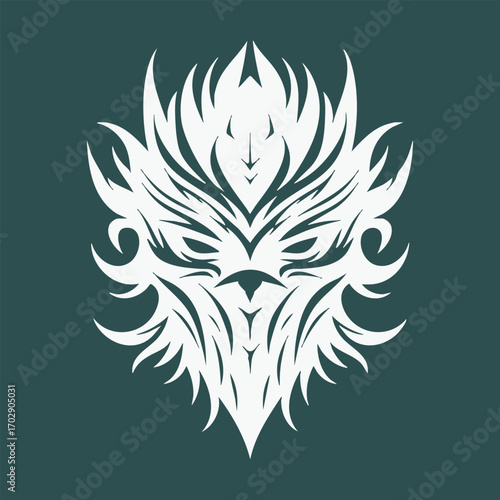 Intricate symmetrical tribal mask design with sharp flame-like patterns in white on a dark teal background