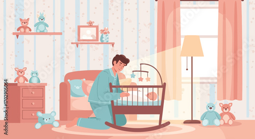 Loving father tending to his baby in a cozy nursery with soft colors and gentle lighting creating