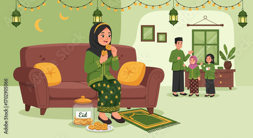 Muslim family celebrating Eid al-Fitr at home with traditional clothing and cookies indoor