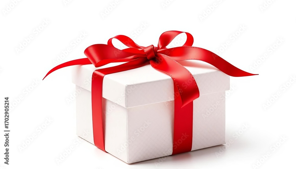 Obraz premium Elegant red ribbon tied atop a square gift box, isolated on white, retail, product photography