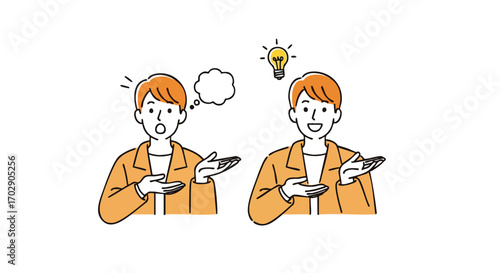 Creative thinking breakthrough illustration of a man getting an idea for solving a problem now smiling