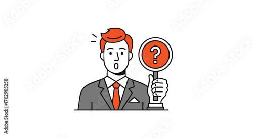 Surprised businessman holding question mark sign, seeking answers and solutions