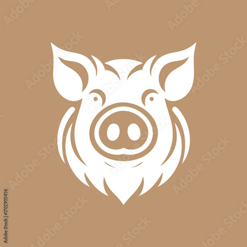 Stylized white pig head icon with detailed snout and ears on a solid brown background vector design