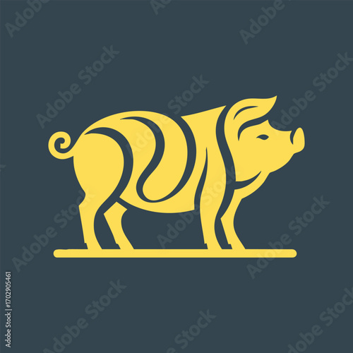 Stylized yellow pig silhouette with decorative swirls on dark background representing farm animal design