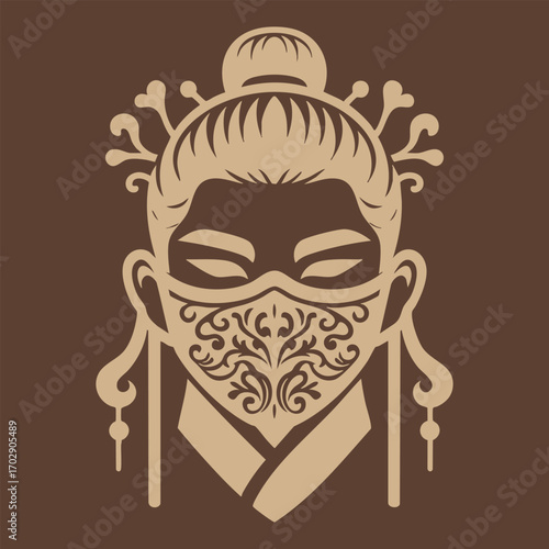 Stylized vector illustration of a woman wearing an ornamental face mask and traditional hair accessories in beige tones