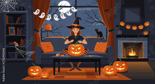 Enchanting Halloween Night: A Witch Carving a Pumpkin in a Cozy, Spooky Home Ambiance