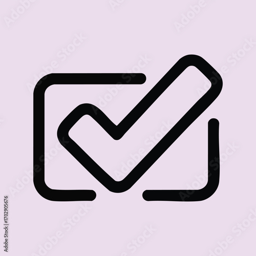Minimalist black checkmark icon inside a rounded square on a light purple background representing approval or completion
