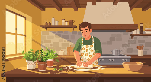 Man kneading dough in a sunlit rustic kitchen with plants and traditional decor creates a warm and