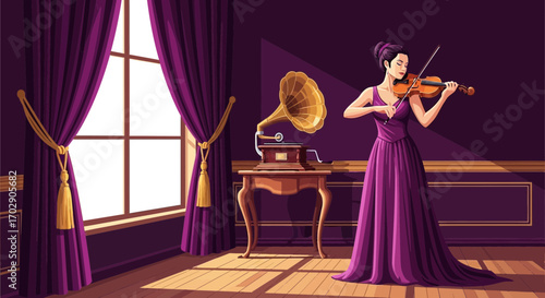 Elegance of a violinist playing in a purple room with vintage phonograph and curtains