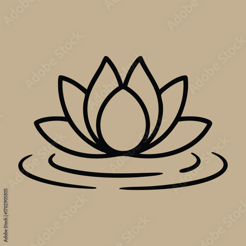 Minimalist black lotus flower line art floating on water ripples on a beige background symbolizing peace and tranquility