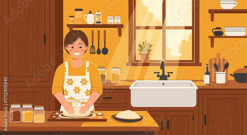 Cozy kitchen scene featuring a woman preparing dough in a warm and inviting atmosphere