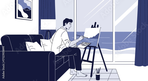 Creative expression at home illustration of artist painting with a seascape view in calm atmosphere
