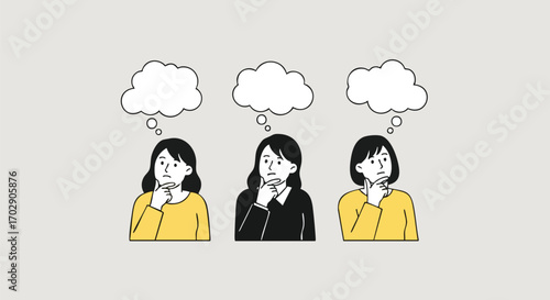 Three diverse women thoughtfully brainstorming ideas for strategic solutions and innovative concepts at work