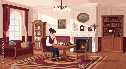 Elegant woman playing chess in a classic interior, creating a tranquil and focused atmosphere