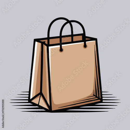 Illustration of a brown paper shopping bag with black handles on a gray background with shadow lines beneath