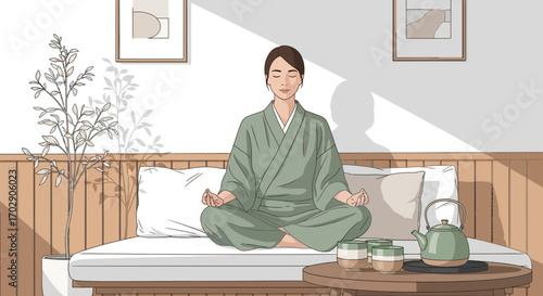 Serene woman meditating in a peaceful room with tea set, promoting mindfulness and relaxation in