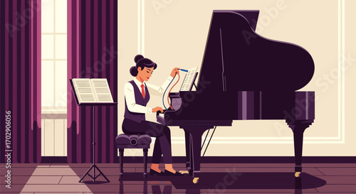 Elegant illustration of a pianist playing grand piano in a stylish room ambiance