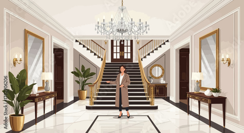 Elegant mansion interior with staircase and woman welcoming guests with a smile