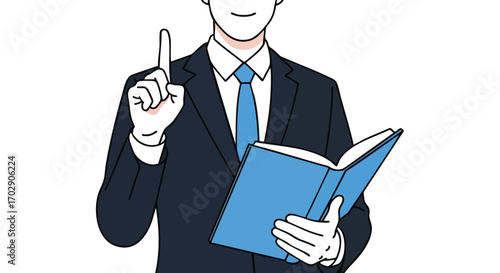 Professional businessman holding open book with index finger raised, explaining a point