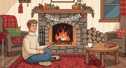 Cozy Cartoon Illustration of a Young Man Roasting Marshmallows by a Fireplace During the Holidays