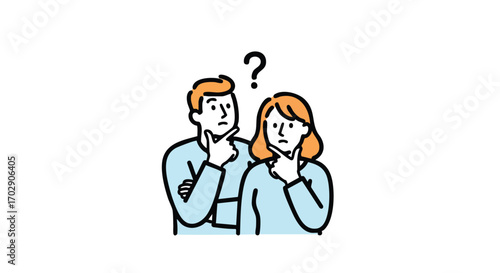 Thoughtful couple ponder a problem together needing a solution, creative team seeking answers