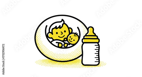 Infant Care Baby in Bouncer with Bottle, A Simple Illustration